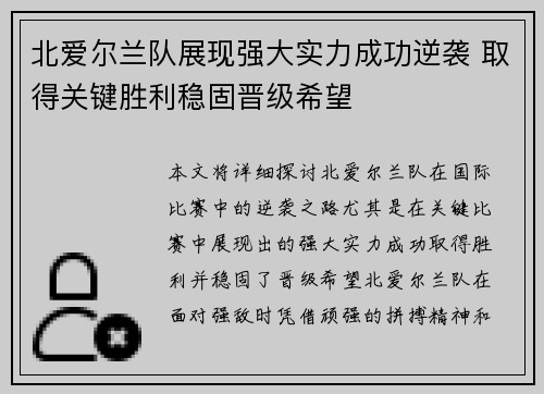 北爱尔兰队展现强大实力成功逆袭 取得关键胜利稳固晋级希望