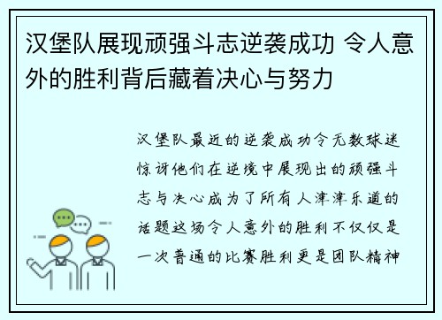 汉堡队展现顽强斗志逆袭成功 令人意外的胜利背后藏着决心与努力