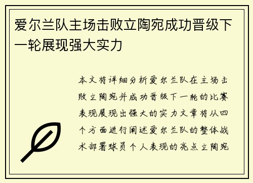 爱尔兰队主场击败立陶宛成功晋级下一轮展现强大实力