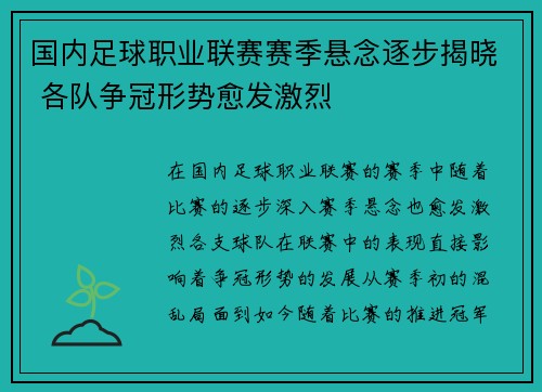 国内足球职业联赛赛季悬念逐步揭晓 各队争冠形势愈发激烈