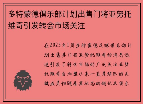 多特蒙德俱乐部计划出售门将亚努托维奇引发转会市场关注