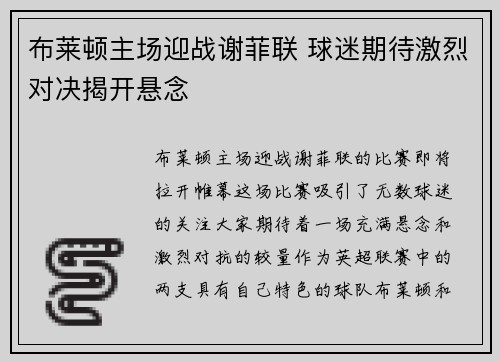 布莱顿主场迎战谢菲联 球迷期待激烈对决揭开悬念