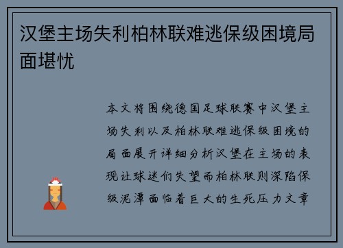 汉堡主场失利柏林联难逃保级困境局面堪忧