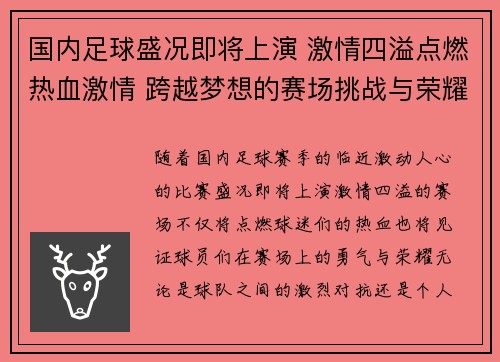 国内足球盛况即将上演 激情四溢点燃热血激情 跨越梦想的赛场挑战与荣耀