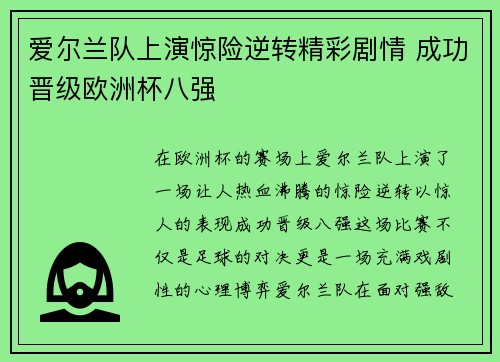 爱尔兰队上演惊险逆转精彩剧情 成功晋级欧洲杯八强