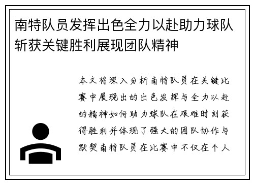 南特队员发挥出色全力以赴助力球队斩获关键胜利展现团队精神