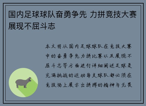 国内足球球队奋勇争先 力拼竞技大赛展现不屈斗志