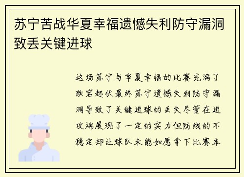 苏宁苦战华夏幸福遗憾失利防守漏洞致丢关键进球